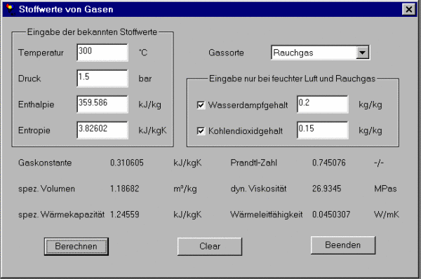 Benutzeroberfäche des Stoffwerteprogramm